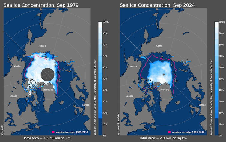 Two satellite images of sea ice cover show the decline in the Arctic sea ice's maximum extent, in September.